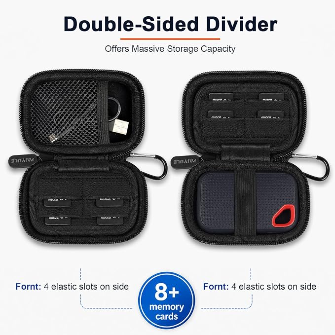 PAIYULE Hard Drive Case for SANDISK Extreme Portable SSD (New Model) | Fits 1TB, 2TB and 4TB SSDs, with SD Card Pocket,Elastic Strap,Mesh Pocket and Carabiner,Not fits for Pro,Case Only Black - Image 8