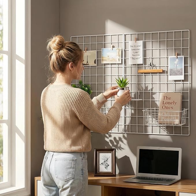 Kaforise Wire Wall Grid Panel, Multifunction Painted Photo Hanging Display and Wall Storage Organizer, Pack of 2, Size 25.6" x 17.7" White by Kaforise