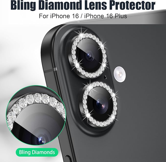 AGVEE 3+3 6 Pack for iPhone 16/16 Plus Camera Lens Protector Cover | Individual Bling Diamond & Bling Glitter Sparkle Cute Gem Metal Ring, 9H Tempered HD Glass - Image 4