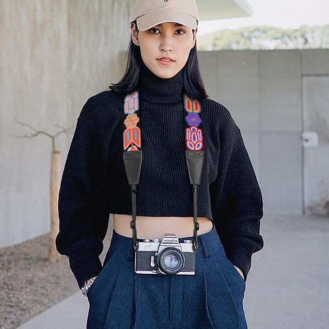 Padwa Lifestyle Colorful Crochet Camera Strap - 2" Full Grain Leather Ends Camera Straps for Photographers, Vintage Woven Cotton Soft Suede Fabric Padded Strap with Quick Release fits All Cameras - Image 5