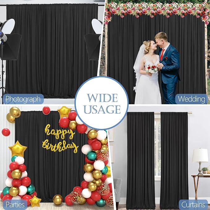 10x10ft Wrinkle Free Black Backdrop Curtain for Parties Soft Fabric Drapes Wedding Black Curtain Backdrop for Birthday Party Decorations Background for Photography 5x10ft, 2 Panels - Image 2