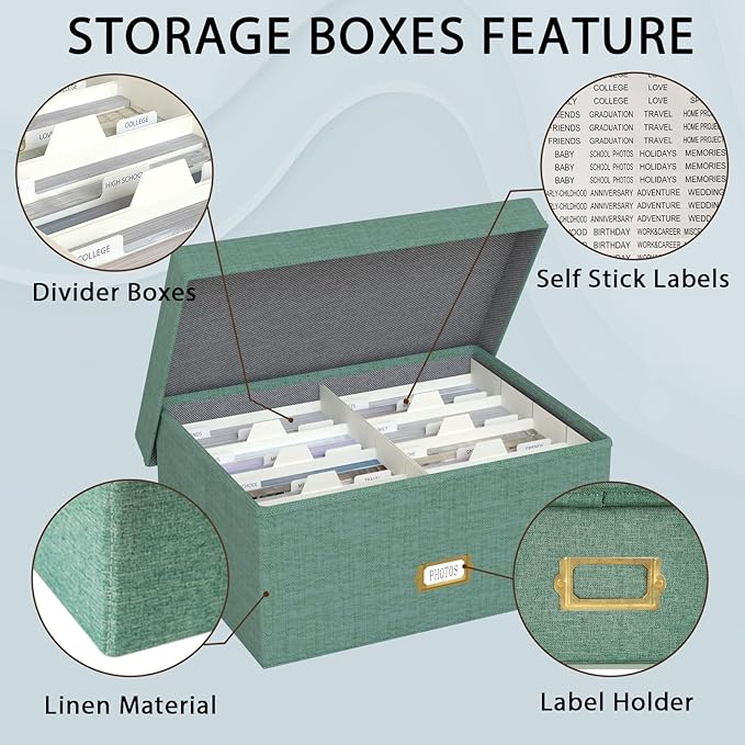 Decorative Photo Storage Box, Linen Photo Box Holds 1700 5x7 Pictures Green | Photo Storage Containers with 8 Dividers, Memory Keepsake Organizer for Photos, Scrapbook Supplies, Cards, Stamps,Archive Box - Image 3