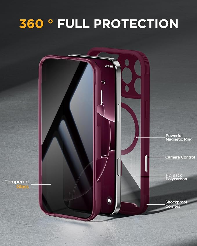 miracase Privacy for iPhone 16 Pro Max Case, 25° Anti-Spy, Plum | Built-in Privacy Screen Protector, Compatible with MagSafe, Full Camera Protection, 360° Full Body Shockproof Phone Case 6.9" - Image 2