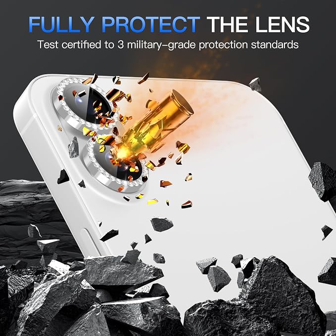 Suoman for iPhone 17 Camera Lens Protector, Glitter Diamond Individual Metal Tempered Glass Camera Lens Cover [Strong-Adhesion][Does not Affect Night Shots] -Silver - Image 4