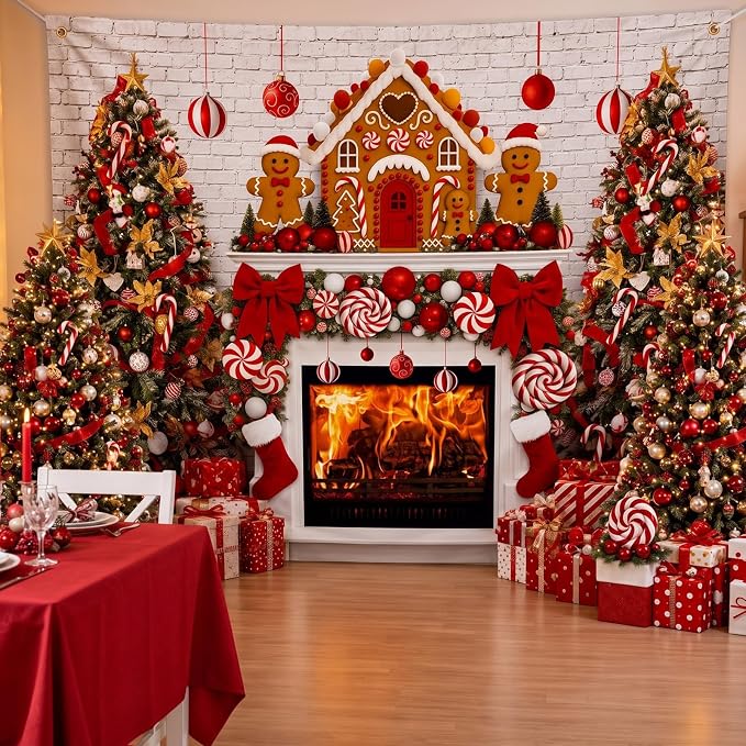 Peryiter Christmas Backdrop for Photography Xmas Tree Stocking Candy Gift Polyester Background Decoration Party Backdrop for Home Decoration Photo Studio Props (7x5 ft,Gingerbread House) - Image 7