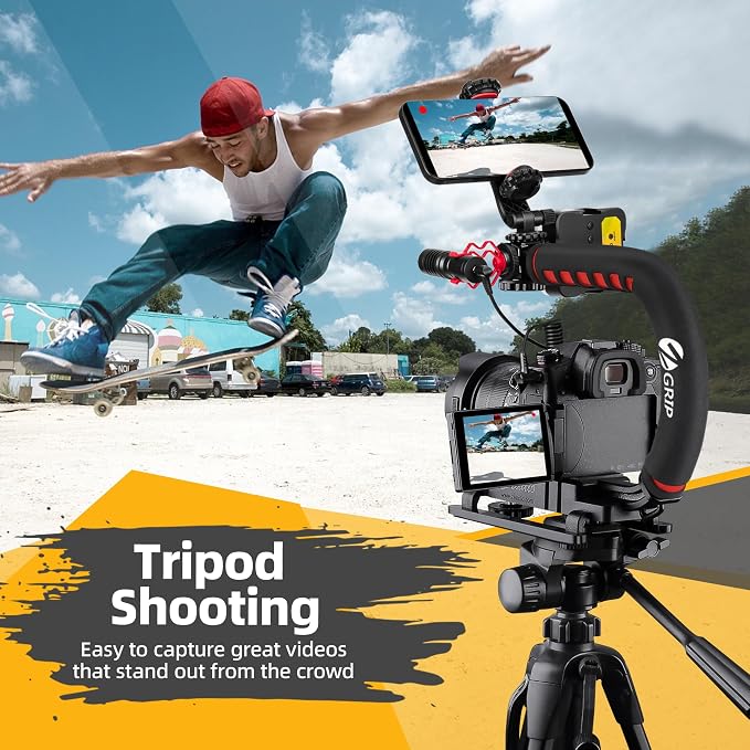 Zeadio Video Handheld Stabilizer, All-in-One Camera Handle Grip Rig Kit with Dimmable LED Video Light, Microphone, Phone Holder, Action Camera Adapter for Filmmaking Vlogging YouTube TikTok etc - Image 4