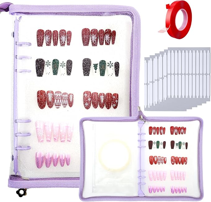 Press on nail storage Nail Storage Book - Portable Versatile Organizer for Press - On Nails, Jewelry and More with 90 Pcs Adhesive Double Sided Tape Purple by Oskrieel