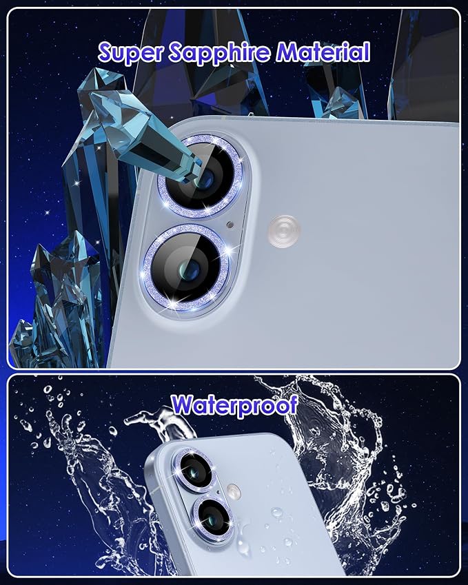 Compatible for iPhone 17 /iPhone 16 /iPhone 16 Plus Camera Lens Protector Glitter, Clear Acrylic Plus Aluminium Alloy Ring 9H Tempered Glass Screen Camera Cover Glitter Blue+Blue - Image 5