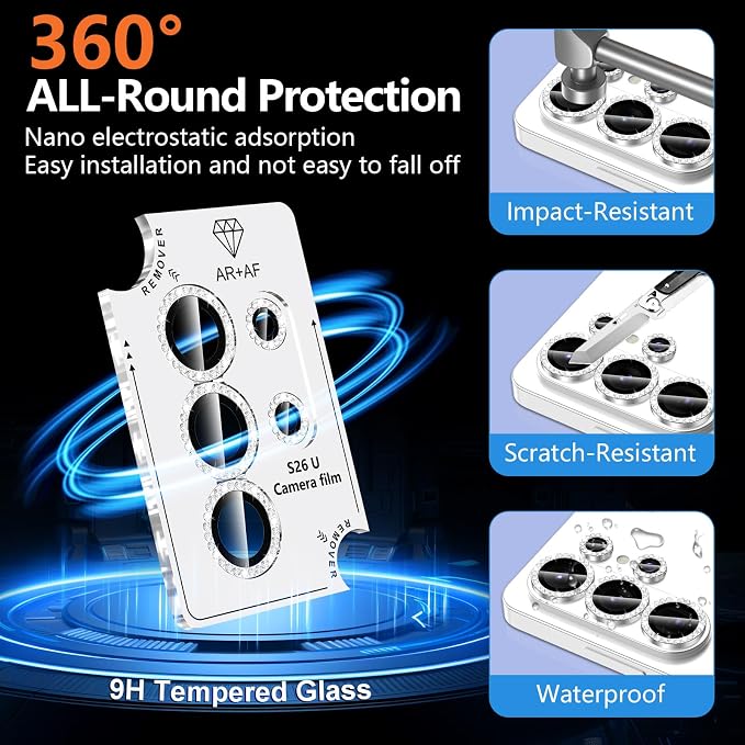 for Samsung Galaxy S26 Ultra Camera Lens Protector, Individual Metal Ring Tempered Glass Lens Cover, [Strong Adsorption] Scratch Resistant Ultra-Thin HD Clear Lens Cover, 1 Set-Slivery Diamond - Image 2