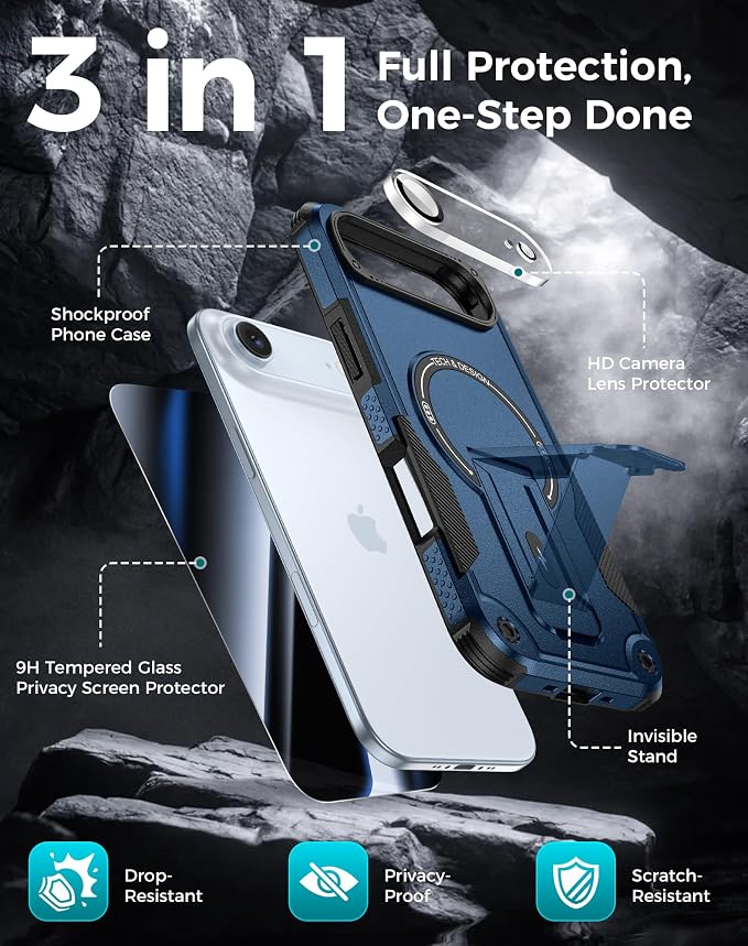 Goton 3 in 1 for iPhone Air Case with Privacy Screen Protector Blue | Glass Camera Lens Protector,Compatible for MagSafe,Invisible Kickstand, Shockproof Phone Cover for iPhone 17air - Image 3