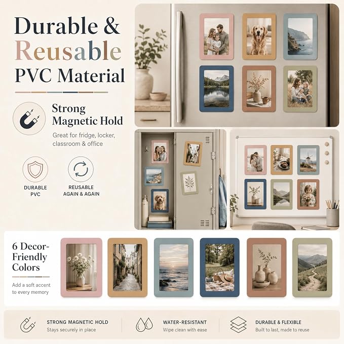 12 Pack Boho Magnetic Picture Frames 4x6 - Earthy Neutral Tones Minimalist Magnet Photo Borders for Refrigerator, Locker, Classroom & Office Decor - Open Face Aesthetic Home Accessories - Image 3
