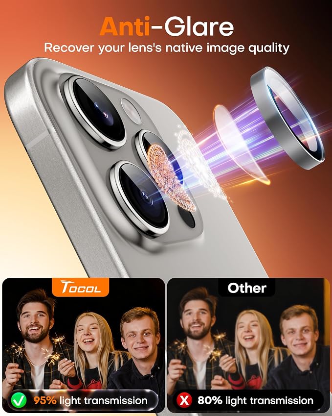 TOCOL for iPhone 16 Pro Max Camera Lens Protector/iPhone 16 Pro Camera Lens Protector Tempered Glass HD Individual Scratch Resistant Cover Accessories Case Friendly 2 Pack（Gray） - Image 6