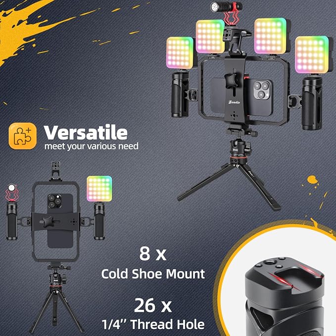 Zeadio Smartphone Video Rig, Phone Cage with Adjustable Dual Handles & Movable Mount, 8 Cold Shoes & 26 1/4" Thread Holes, Filmmaking Stabilizer for All Smartphones, Vlogging YouTube Tiktok Recording - Image 7