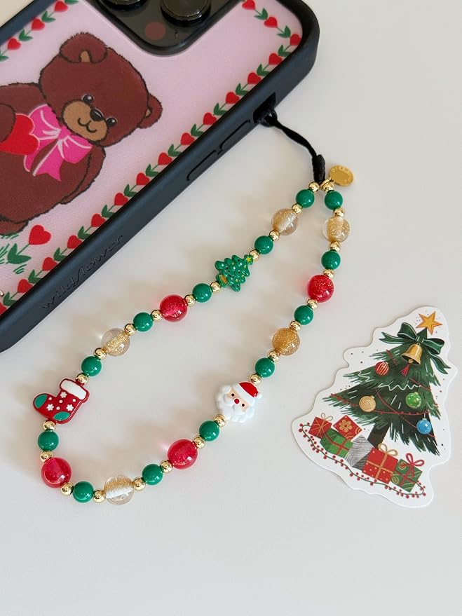 Drawwind Phone Charm Beaded Wristlet Strap Universal Cell Phone Lanyard Cute Bracelet Wrist Strap Beaded Chain String Handmade Accessories for Case Camera Bags (Merry Christmas) - Image 2