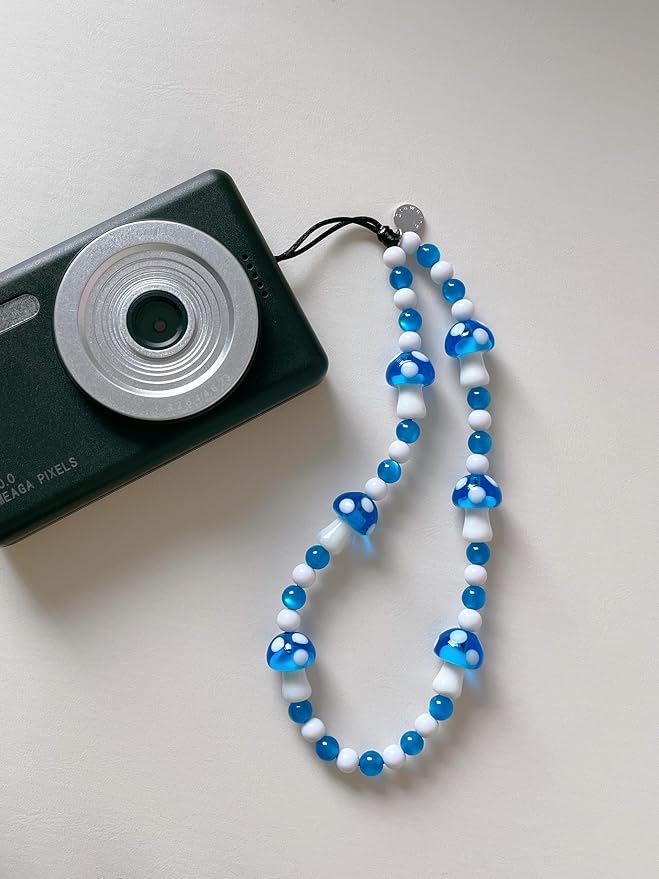 Drawwind Phone Charm Beaded Wristlet Strap Universal Cell Phone Lanyard Cute Bracelet Wrist Strap Beaded Chain String Handmade Accessories for Case Camera Bags (Blue Mushroom) - Image 4