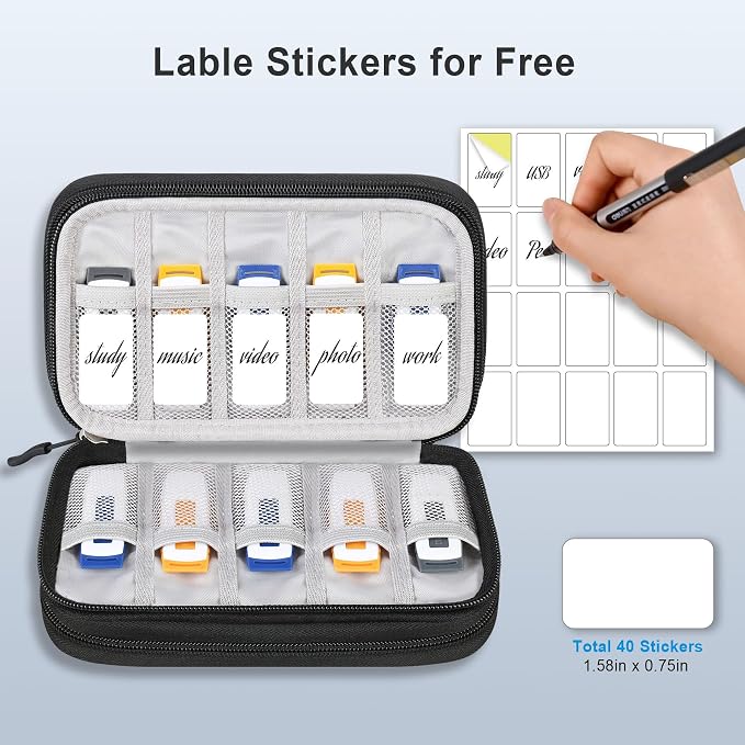 Lacdo USB Flash Drive Case with Labels, USB Case Organizer Thumb Drive Holder Portable Storage Bag Large Capacity for 20 SanDisk/Samsung Flash Drives Jump Drive Memory Stick, SD Card, Cable, Black - Image 2