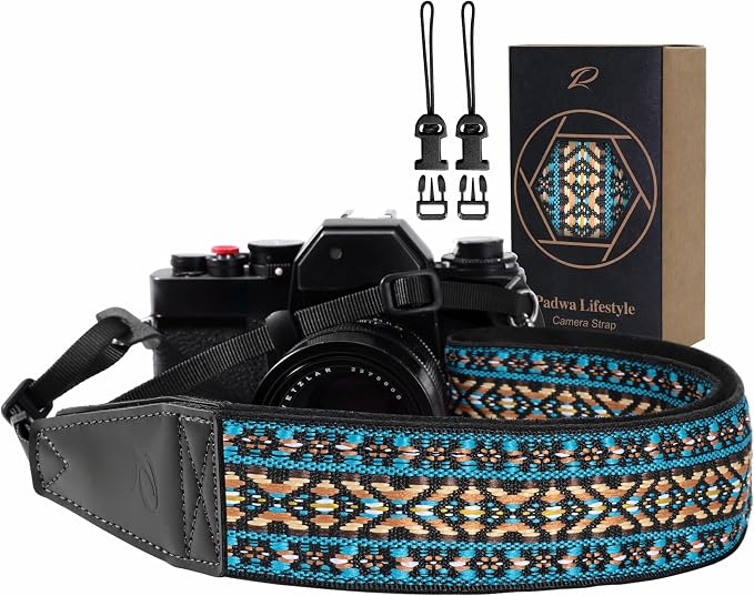 Padwa Lifestyle Boho Blue Camera Strap - 2" Full Grain Leather Ends Camera Straps for Photographers, Vintage Embroidered Cotton Weave Soft Suede Fabric Padded Strap Quick Release fits All Cameras by PadwaLifestyleCameraStrap