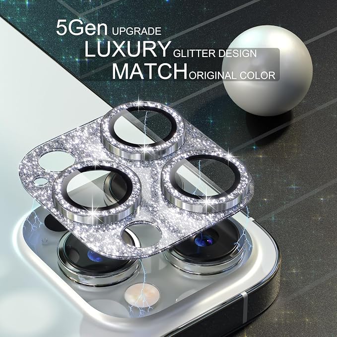 Choiche for iPhone 14 Pro/iPhone 14 Pro Max Camera Lens Protector | Bling Camera Cover with 9H Tempered Glass Lens Screen Protector Metal Ring Decoration Accessories (Glitter-Silver) - Image 3
