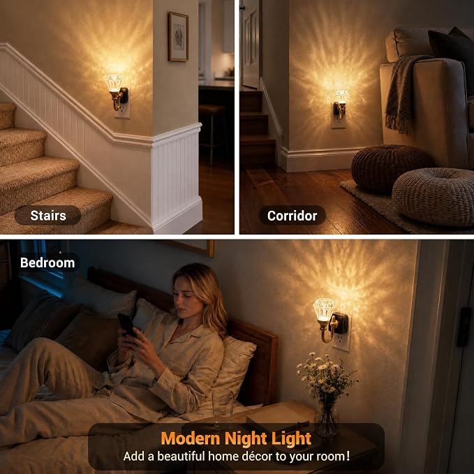 JandCase Night Light, Night Lights Plug into Wall, Crystal LED Nightlight | 0-100 LM Dimmable Nightlights, Dusk to Dawn Sensor, 1W Vintage Rotatable Nite Light for Bathroom Hallway Decor, 2 Pack - Image 5