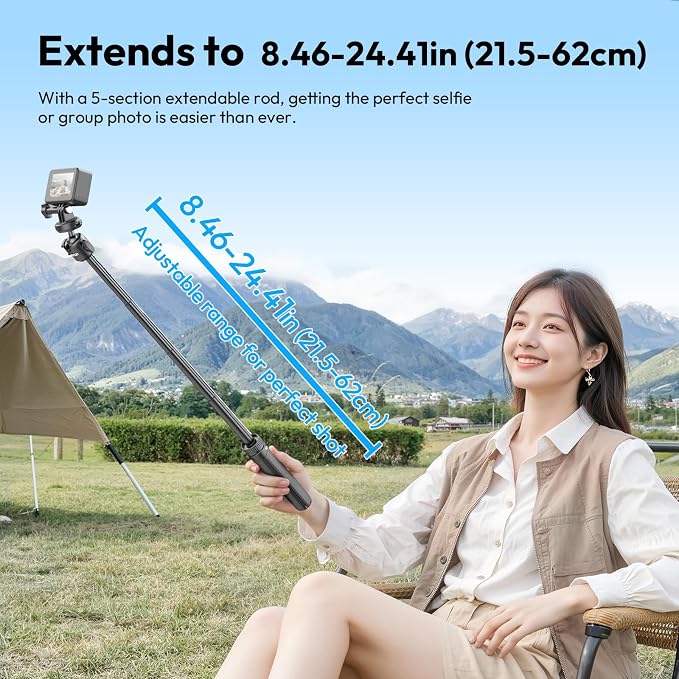 ULANZI MT90 2-in-1 Selfie Stick Tripod with CKA Quick Release, 5-Section Adjustable Aluminum Stand, 360° Ball Head & Cold Shoe for GoPro Hero/DJI Osmo Action/Insta360, Compact Cameras | 360° Ball Head & Cold Shoe Compatible with DJI OSMO Pocket 3/Pocke... - Image 3