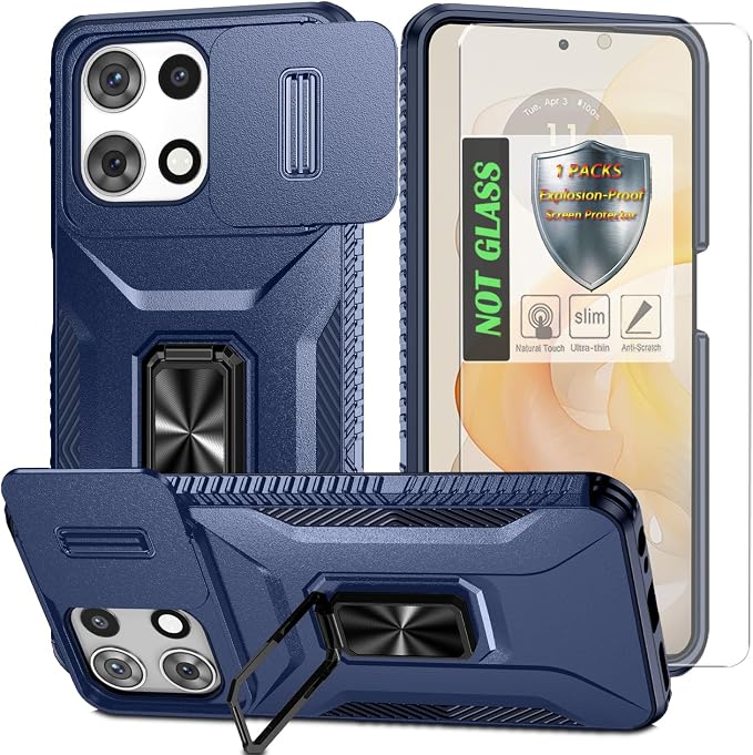 for Moto G 5G 2025 Case,with Sliding Camera Lens Cover,HD Screen Protector,360° Rotating Ring Kickstand,AYMECL Military-Grade Shockproof Protective Cover for Motorola Moto G 5G 2025,Blue by AYMECL