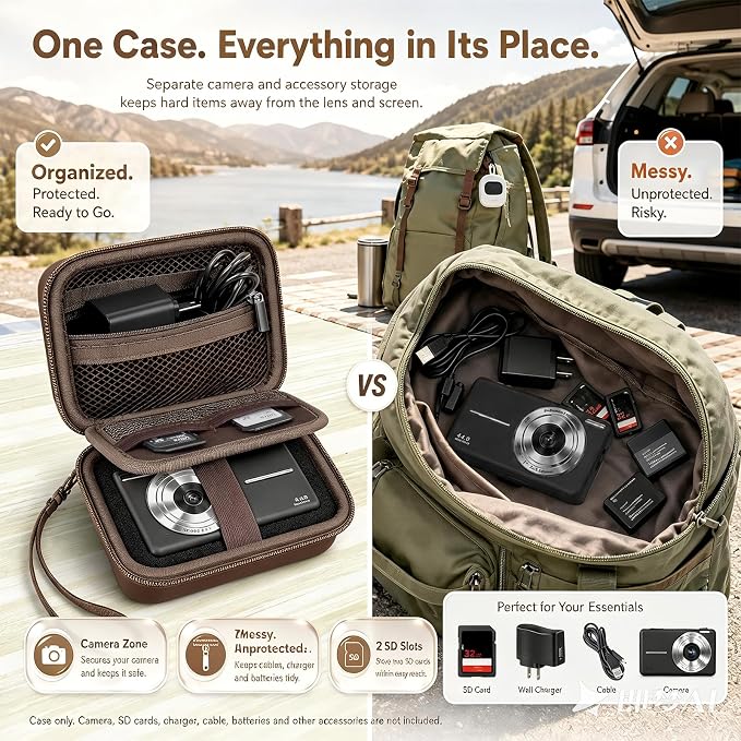 Comecase Camera Case for Kodak PIXPRO FZ55/FZ45, Coffee Brown | Hard EVA Shell, Padded Divider and 2 SD Card Slots Organize a Compact Camera, Charger and Cable for Travel, Case Only - Image 5