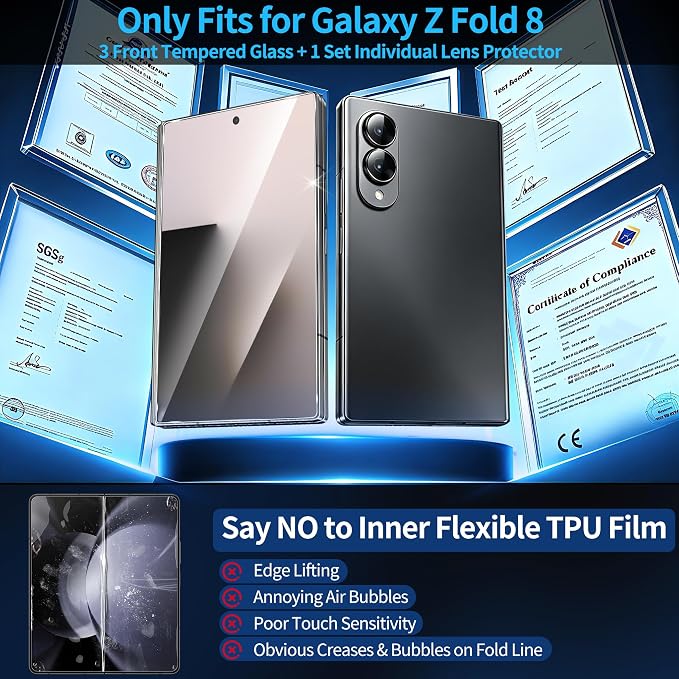 letosan 3 Pack for Samsung Galaxy Z Fold 8 Screen Protector Tempered Glass Wide + 1 Pack Camera Lens Protector, Military Grade Shatterproof, 9H+ Hardness, Auto Alignment Frame 5.4 Inch - Image 8