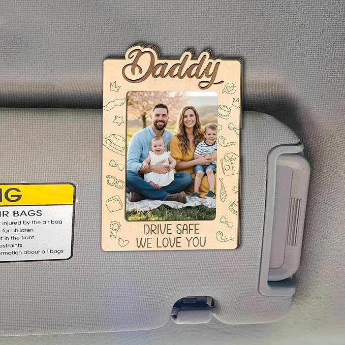 Personalized Daddy Car Visor Clip Picture Frame, Dad Photo Frames, Car Wooden Picture Holder for Father, Gift for Dad Car Accessories, Drive Safe Daddy Visor Clip, We Love You by TRUMPETIC