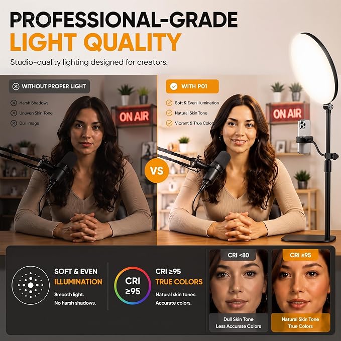 10" Full-Panel Desk Ring Light with Stand & Flexible Phone Holder, 24W 1100LM Light for Video Recording, 5 Color Modes up to 6500K, CRI 95+ for Computer, Podcast, Streaming, Zoom & Video Calls - Image 4