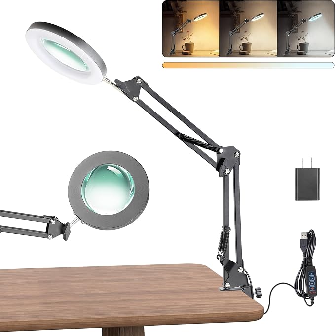 UBeesize 10X Magnifying Glass with Ring Light and Clamp for Desk | 10X Magnification | 3 Color Modes | Dimmable Brightness | Suitable for reading, crafts, sewing, and repair by UBeesize
