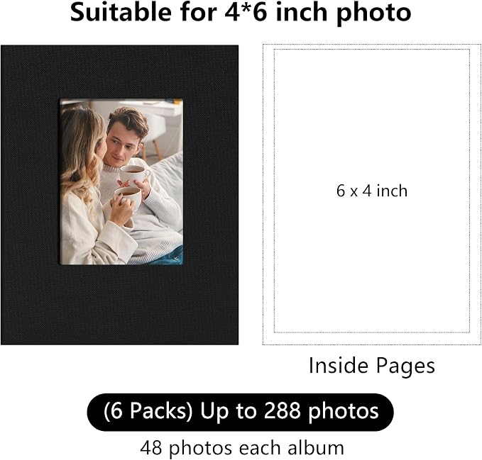 Small 4x6 Photo Album 24 Pockets Linen Cover Black 6 Pack | Linen Cover, Front Window, Portable Mini Picture Book, Travel Wedding Memories - Image 2