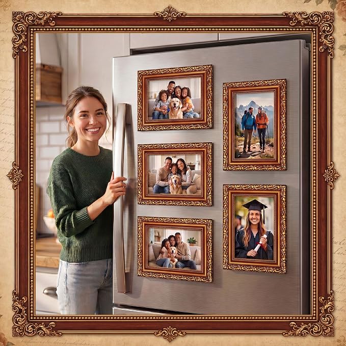 Capoda 12 Pcs 4x6 Magnetic Picture Frames Gold Vintage Picture Frames for Refrigerator Vintage Gallery Tabletop Display Gold Photo Decor for Home Wedding Living Room Decor Supplies - Image 7