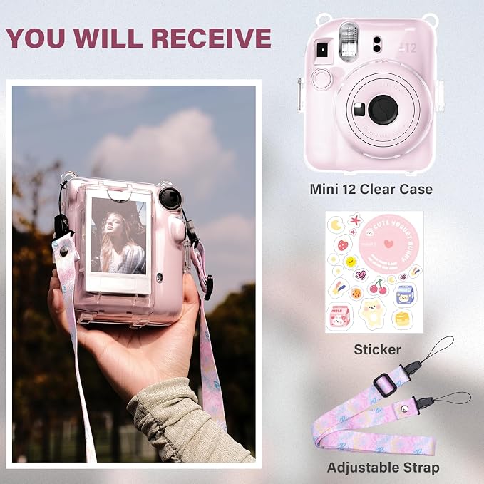 Rieibi Clear Case Compatible with Fuji Instax Mini 12, Carrying Case Bag for Fujifilm Instax Mini 12 Instant Camera with Photo Storage Pocket, Strap and Cute Sticker - Pink - Image 5