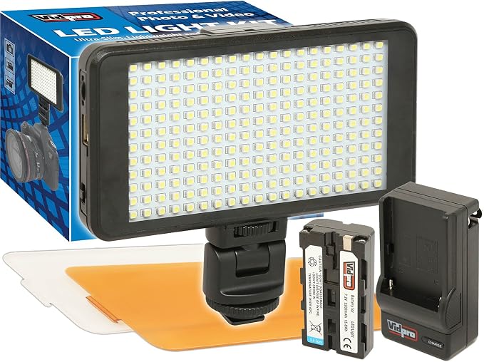 Vidpro LED-230 Photo and Video Light Kit - On Camera Panel LED Light - Adjustable and Dimmable Light Fits Cameras Video Camcorders and DLSR w/Hot Shoe Includes Rechargeable Battery Diffuser and More by Vidpro