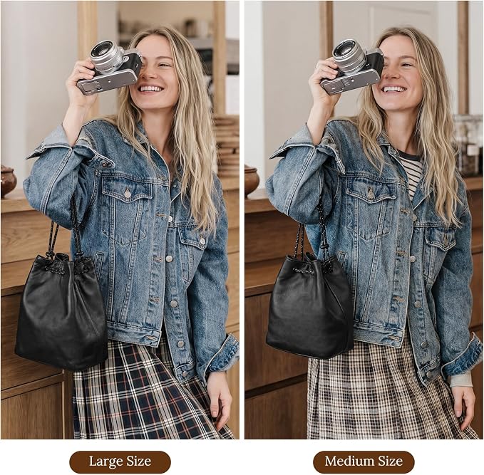 S-ZONESoft Leather Camera Insert Bag Drawstring Camera Pouch DSLR Lens Case | Top Grain Lambskin Leather, Drawstring Closure, Dust-proof, Scratch-resistant, Compatible with Canon Nikon Sony - Image 6