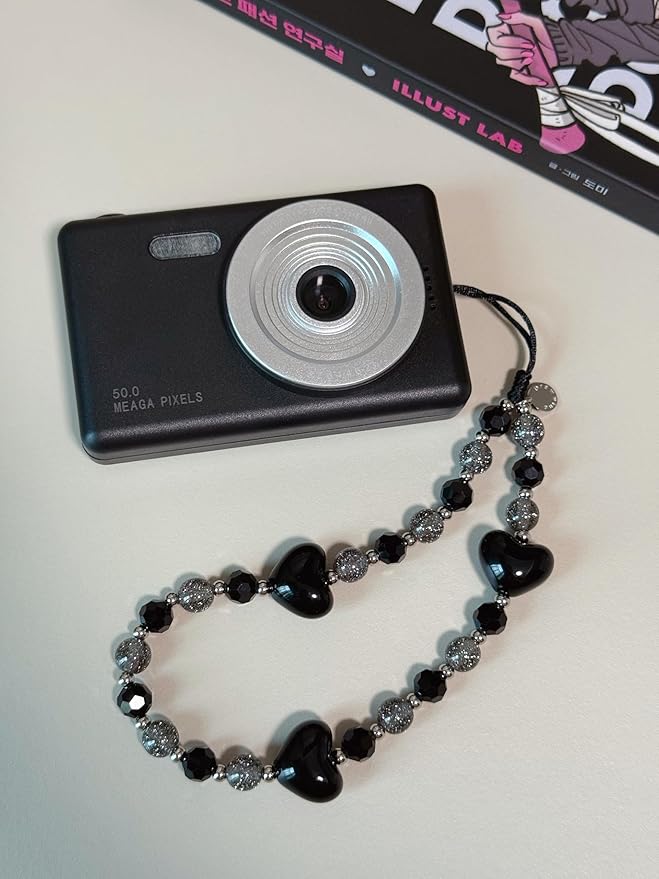 Drawwind Phone Charm Beaded Wristlet Strap Universal Cell Phone Lanyard Cute Bracelet Wrist Strap Beaded Chain String Handmade Accessories for Case Camera Bags (Black Hearts) - Image 2