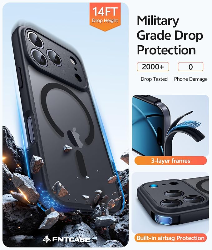FNTCASE for iPhone 17 Pro Case, Fit for Magsafe, Screen Protector, Black | Full Camera Protection, Translucent Matte, 14FT Military Grade Drop Proof, Shockproof Protective Phone Cover - Image 5