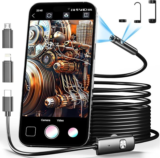 Dual Lens Endoscope Camera with Light Borescope Inspection Camera | Borescope Camera with 8+1 Adjustable LED Lights 1980P IP68 Waterproof 16.5ft Semi Rigid Snake Camera for iPhone iPad Phone by CARPDIM
