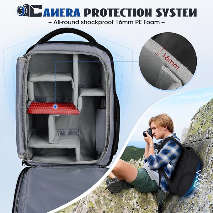 RAINSMORE Camera Backpack Camera Bag for Photographers DSLR SLR Mirrorless Camera Cases with Waterproof Rain Cover & Laptop Compartment Fits 14 Inch Laptop,Anti Theft Travel photography backpack,Black - Image 3