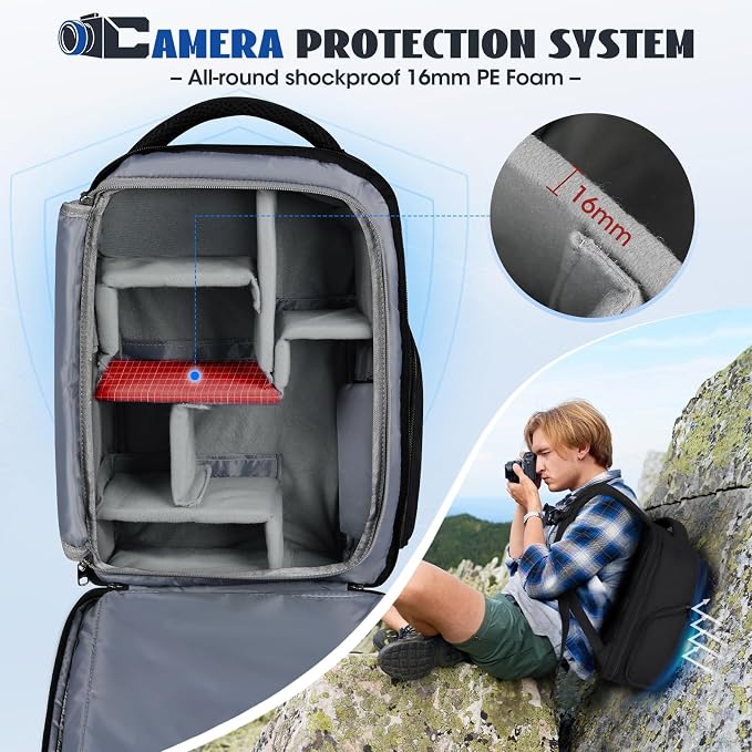 RAINSMORE Camera Backpack Camera Bag for Photographer DSLR SLR Mirrorless Camera Cases with Waterproof Rain Cover & Laptop Compartment Fit 15.6 Inch Laptop,Anti Theft Travel photography backpack,Black - Image 3