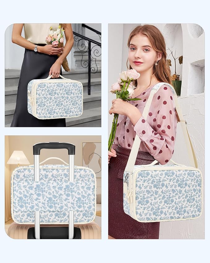 Relavel Makeup Bag Travel Train Case for Women and Girls, Cute Cosmetic Storage Organizer Box Portable Shoulder Bag with Adjustable Dividers and Makeup Brush Comparment, Floral Print - Image 4