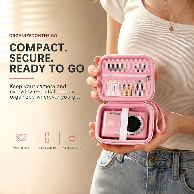 Camera Carrying Case for KODAK PIXPRO FZ55/ FZ45 Digital Camera | Camera Storage Case. Hard Protective Bag With Mesh Pocket Fits Batteries Cable Memory Card Card Reader, Pink - Image 8