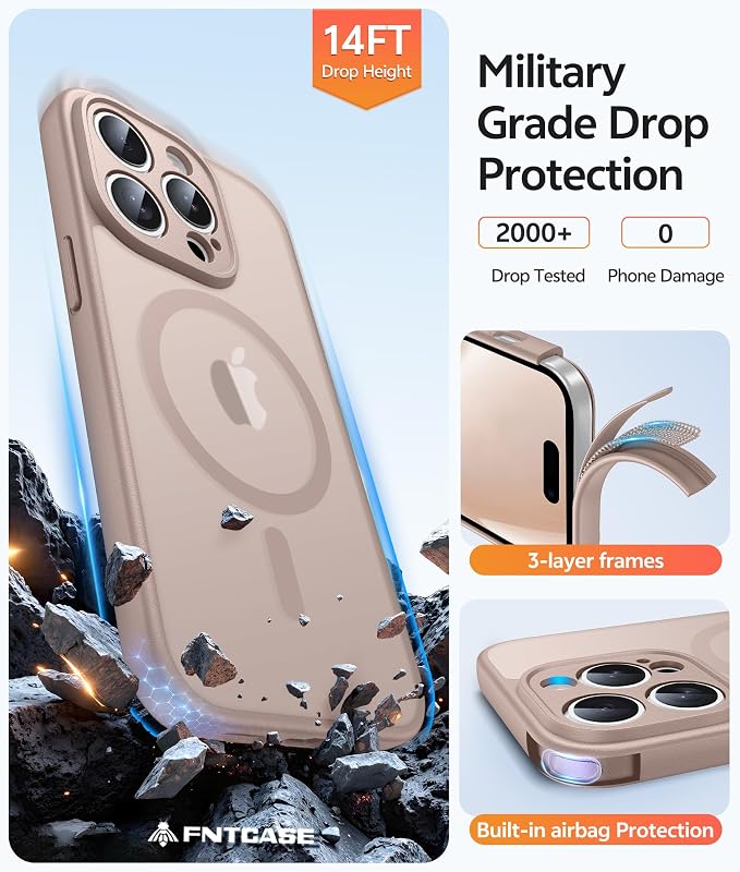 FNTCASE for iPhone 14 Pro Case, Compatible with Magsafe, Screen Protector | Full Camera Protection, Translucent Matte, 14FT Military Grade Drop Proof, Shockproof Protective Phone Cover, Desert Gold - Image 6