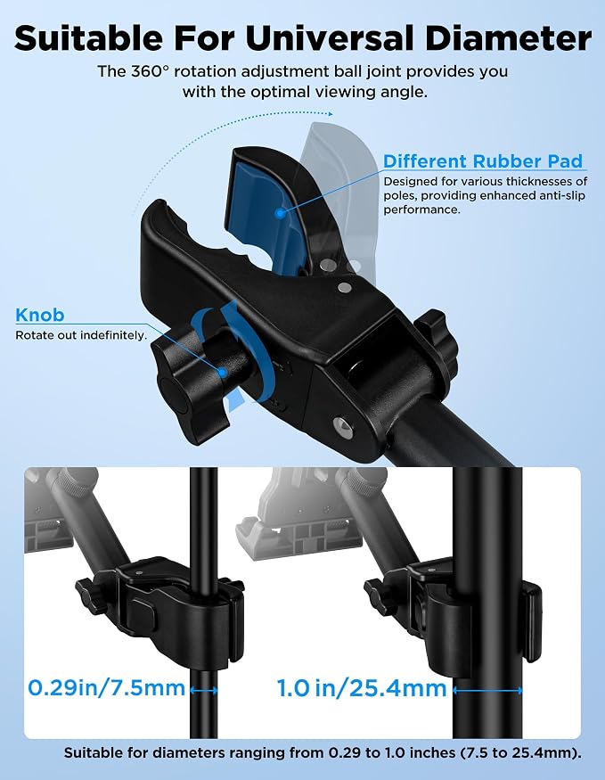 Tablet Holder for Microphone Stand with Power Bank Clip, iPad Music Stand | 360° Adjustable Spring-Loaded Clip Clip-on Phone Mount for Sheet Music Stand, Fits Devices Screen Size from 4.7 to 13.5” - Image 6