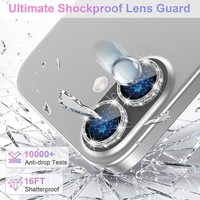 YWXTW [All-Over Glitter Camera Lens Protector for iPhone 17/iPhone 16/iPhone 16 Plus, 9H Tempered Glass Camera Lens Cover, Anti-Scratch Case Friendly(Silver) - Image 3