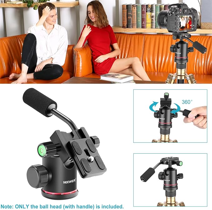 NEEWER Heavy Duty Camera Tripod Ball Head with Handle, 1/4 inch Quick Plate | 360 Degree Panoramic Head for Tripod, Monopod, Slider, DSLR Camera, Camcorder, Load up to 17.6 pounds/8 kilograms - Image 6