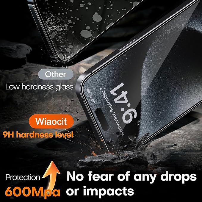 Wiaocit Tempered Glass Privacy Screen Protector for iPhone 15 Pro Max | 3+3 Pack, 9H Hardness, Camera Lens Protector, Installation Frame, Bubble Free, Case Friendly - Image 4