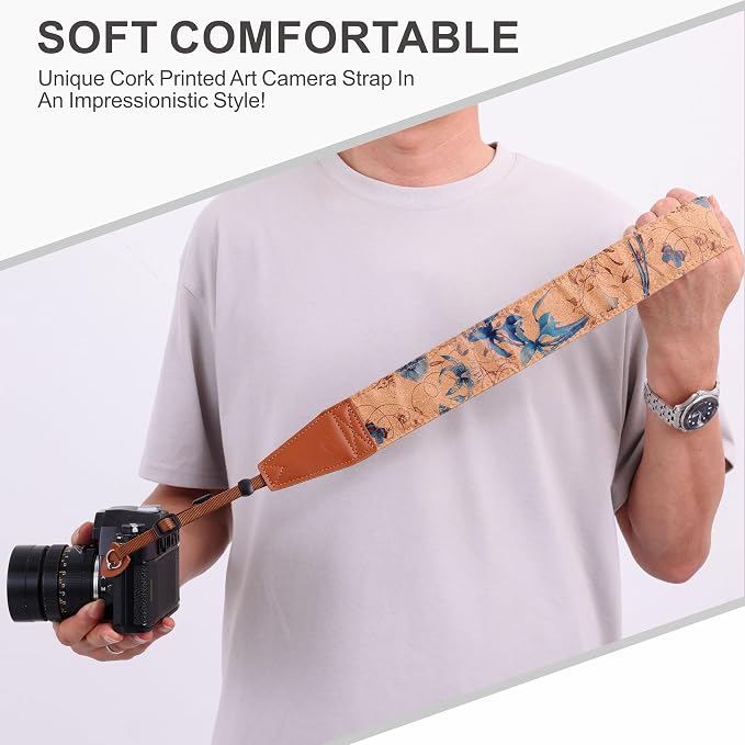Padwa Lifestyle Cork Camera Strap - 2" Top Layer Cowhide Head Camera Straps for Photographers,Natural Log Crackle Art Print Style,Soft Chamois Velvet Padded Strap Quick Release fits All Cameras - Image 6