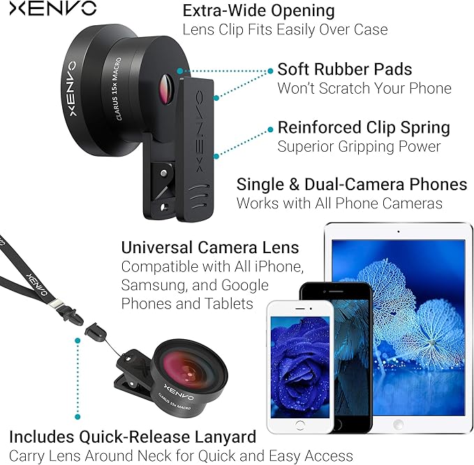 Xenvo Pro Lens Kit for iPhone and Android, Macro and Wide Angle Lens with LED Light and Travel Case Black - Image 6