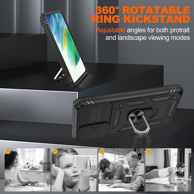 Gritup for Samsung Galaxy S21 FE 5G Case with 2PCS Screen Protector, Build in 360° Rotating Ring Kickstand, Military Grade Protective Case for S21 FE Phone, Black - Image 8